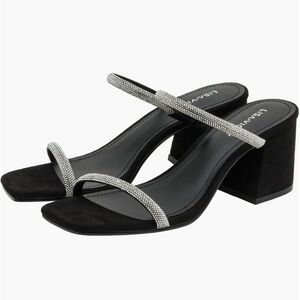 LISA VICKY Mood Pavé Block Heel Slide Black and Rhinestones Women's Sandals